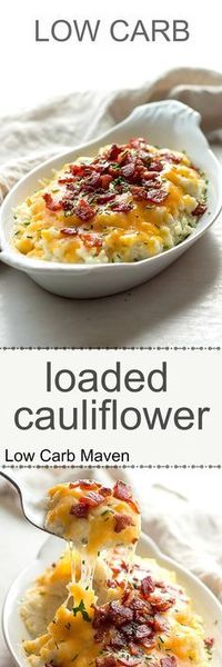 Low carb loaded cauliflower with sour cream, chives, cheddar cheese and bacon. Keto.