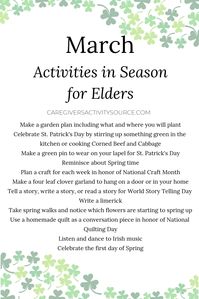 March Activities in season for Elders #MarchActivities #Seniorcare #Eldercare