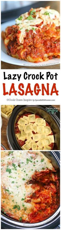 Lazy Crock Pot Lasagna is a family favorite and so quick and easy to make! A delicious meat sauce is layered with cheese and spinach filled ravioli and loads of gooey cheese and cooks up perfectly in the slow cooker. This is one meal that everyone will agree on.