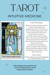 The High Priestess is the knower of secrets and interpreter of dreams. She asks you to tune into your intuition and invites you to deepen your connection to your higher self, opening up to divine wisdom. For more intuitive tid bits and holistic health and wellness follow @majorarcanawellness