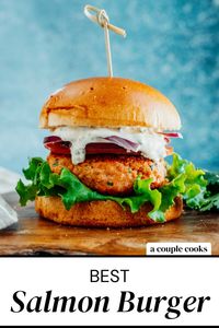 Here's the salmon burger recipe you need! They're easy and have the best flavor: each bite is perfection slathered with remoulade sauce. #salmonburger #salmon #salmonrecipe #salmonburgerrecipe #easysalmonburger #dinner #seafood #easy #healthy