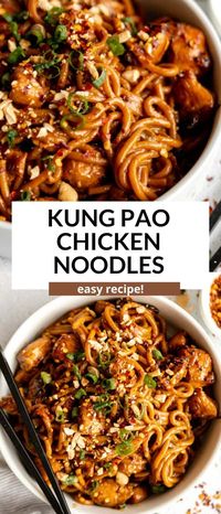 These kung pao chicken noodles are easy to make, gluten free, healthy and ready in about 30 minutes for a quick dinner recipe.