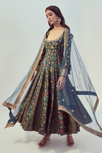 Buy Drishti & Zahabia Blue Dupion Silk Floral Print Anarkali Set Online | Aza Fashions