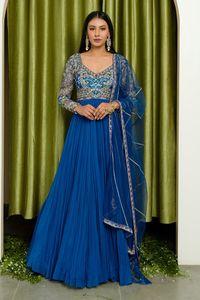 Buy Sanya Gulati Blue Shantoon Embroidered Anarkali With Dupatta Online | Aza Fashions