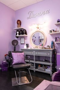 Modern private Salon Studios available for beauty professionals. This hair salon studio in Torrance, California has a purple theme with diamond and sparkle accents to create a cute, fun feel.