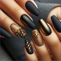 Elevate your nail game with these chic matte black nails adorned with glamorous gold studs. Perfect for any occasion, these nails blend elegance and edge, making them a must-try for nail art enthusiasts. Get inspired for your next manicure with this on-trend design that combines sophistication and a touch of bling!