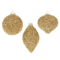 NEW for 2023You can never have too much gold in your Christmas decor! These gorgeous ornaments are covered in sparkling gold beads that are sure to shine bright on your tree! Each sold individually OR as a set. Made by Raz Imports. Made of glass. Dimensions: 4"D X 4"H; 3.25"D X 6"H. Item #: 4322807