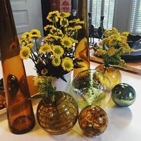 This set of artisan blown glass spheres are perfect to group in a small bowl or place on a mantel or shelf.  Comes with stabilizing rings to keep the spheres in place. You can make any sphere a bud vase by sitting it on its ring with the hole up, adding water and a lovely bloom!