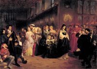 Emanuel Gottlieb Leutze, (1816-1868). German American painter. The Courtship of Anne Boleyn 1846. Anne and Henry are making their way through the hall causing a stir, while centre right Catherine of Aragon is just ahead. She is the main figure in the painting and it shows her as a sympathetic, loyal and faithful character who was betrayed and humiliated by her husband. Cardinal Wolsey can also be seen in this painting to the right of Catherine of Aragon.