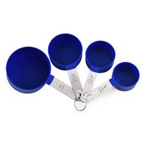 1.Set of 4 measuring cups: This measuring set includes 4 different cup sizes, 1/4 cup (59 milliliter), 1/3 cup (79 milliliter), 1/2 cup (118 milliliter), 1 cup (237 milliliter). 2.Durable measuring cups: These measuring cups work with both wet and dry ingredients. Crafted from durable, BPA-free plastic, each cup has its size printed in easy to read letters on its handle in both standard and metric units. Each cup contains a matte exterior with a gloss interior, as well as a black soft grip conta