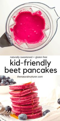 These fun pink beet pancakes are quickly mixed in your blender, are super kid-friendly, full of healthy beets, naturally sweetened and can easily be made gluten free. #pinkpancakes #valentinesdayrecipes #healthykids #toddlerfood #kidfood #funkidfood #beetrecipes #beetrecipesforkids