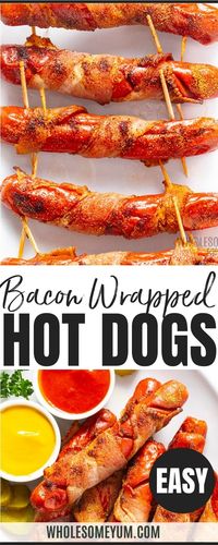 Bacon Wrapped Hot Dogs In The Oven - Learn how to make bacon wrapped hot dogs in the oven! This delicious, EASY baked bacon wrapped hot dogs recipe is ready in just 20 minutes. #wholesomeyum