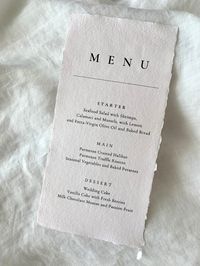 "Make your wedding reception or parties even more special with these beautifully designed menus!  Each menu is digitally printed on high-quality (200gsm) handmade cotton paper with deckle edges to give your guests a luxurious and elegant experience. Plus, they make a great keepsake for you and your guests to remember your special day. These are semi-customize menus. If you would like to add other customization options such as your initials, wedding date, or any other details, please go this list