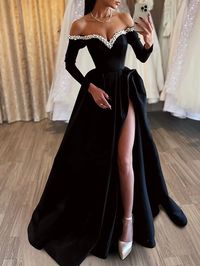 A-Line Evening Gown Black Dress Dress Formal Masquerade Sweep / Brush Train Long Sleeve Off Shoulder Satin with Pearls Slit 2024 2024 - $133.99