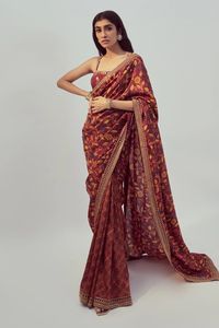 Buy Drishti & Zahabia Maroon Dupion Silk Floral Print Saree With Blouse Online | Aza Fashions