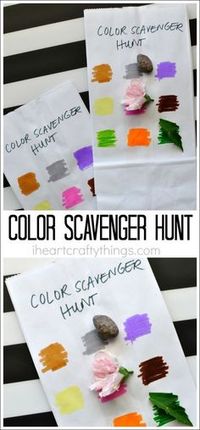 This simple color scavenger hunt for kids is unbelievably easy to throw together last minute and the kids have fun with it every single year. Great outdoor activity for kids, summer activity for kids, kids camping activity, color learning activity, and preschool color activity.