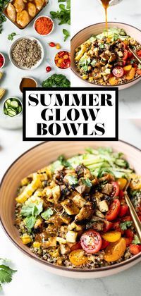 Equal parts entrée salad & nourishing bowl, these Glow Bowls are the perfect light & healthy meal. Plenty of good-for-you ingredients like quinoa, grilled chicken, vegetables, & fresh herbs, tossed into sweet & spicy curry vinaigrette. These quinoa grain bowls are light & healthy, & feel satisfying all at once. Perfect for meal prep, naturally dairy-free & gluten-free, easily vegetarian & vegan. #nourishbowl #buddhabowls #quinoabowl #healthyrecipes #healthymealprep #mealpreprecipes