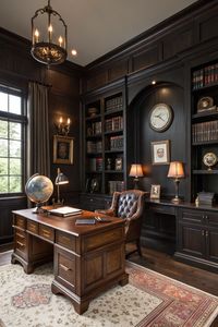 Create a refined and professional workspace with these traditional home office ideas! 🕰️ Rich mahogany desks, leather chairs, and floor-to-ceiling bookshelves set the tone. Add vintage clocks, globes, and warm lighting to achieve a timeless, elegant design. Perfect for work or study! 📖🌟 #TraditionalStyle #HomeOfficeInspo #ElegantDesign #TimelessInteriors