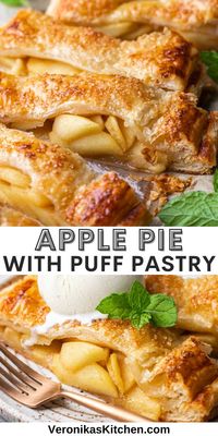 This is the best Apple Pie with Puff Pastry that’s so easy to make! Delicious caramelized apple slices wrapped into buttery layers of puff pastry dough will make a great seasonal dessert for the Fall, Thanksgiving, and Christmas. #dessert #applepie #puffpastry #baking #holidays #thanksgiving #christmas