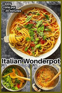 Pasta that cooks all in one pot, with fresh ingredients, and it’s done in 20 minutes – Sounds too good to be true, right? It isn’t! A meatless pasta dish, all made in your stock pot, with fresh ingredients, that is what this Italian Wonderpot Pasta is all about!