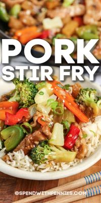 Pork Stir Fry uses browned pork and fresh veggies smothered in a sweet & savory sauce. Make an extra batch to take to work or school for lunches! #spendwithpennies #porkstirfry #recipe #maindish #asian #stirfrysauce #easy