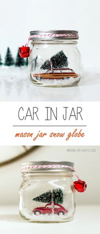 Mason Jar Crafts for Christmas: Red Volkswagen Beetle Snow Globe in Mason Jar