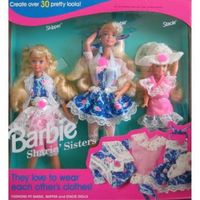 Barbie Sharin' Sisters Gift Set is a 1992 Mattel Production. Included dolls are: Barbie, Skipper and Stacie. All the clothes mix n match and the sisters love sharing their clothes. All the clothes can fit Barbie, Skipper and Stacie for mix n match fun. The dolls are all wearing matching outfits for hours of fun. You can create 30 different pretty looks! Clothing colors are mainly in blues, pinks and white tones and there's a lot of lace. Have hours of fun with this Barbie Sharin' Sisters Gift Se