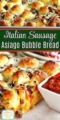 Pull apart and enjoy this flavorful Italian Sausage Asiago Bubble Bread dipped in warm marinara sauce! #Italiansausagebread #asiagocheesebread #bubblebreadrecipes #pullapartItalianbread #italiansausage #breadrecipes #appetizers #southernfood #southernrecipes via @melissasssk