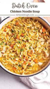 Dutch Oven chicken noddle soup that is both hearty and healthy. Fight off a cold, warm up on a cool day or simply enjoy the classic flavors of a chicken noodle soup. Loaded with fresh veggies, herbs, stock and chunks of chicken. This soup can be made in under 30 minutes!