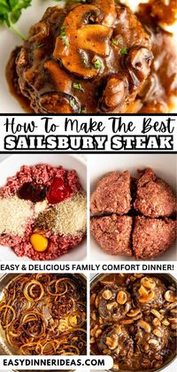 Salisbury Steak is an easy comfort food dinner that is affordable and simple to make! Juicy, well seasoned ground beef steaks are smothered in a rich, savory brown gravy with mushrooms and onions to create this classic American dinner recipe!