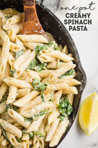 One-Pot Creamy Spinach Pasta! Super easy dairy-free, vegan dinner idea. 1 pot, 10 minutes, 10 simple ingredients. #vegan #onepot #easyrecipes