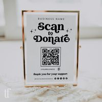 Purchase, print, and display the sign for customers to scan and donate to your cause or event. TWO versions included - Scan to Donate and Scan to Support! IMPORTANT, PLEASE READ: The "Scan to Donate" and "Scan to Support" text is not editable but the color CAN be changed. To add your Venmo, Cashapp, Zelle, or other payment QR code, you can create a QR code in Canva, or drag and drop your code onto the template.This DIY (do-it-yourself) template is fully customizable and very simple to use. Simply edit it in Canva (for free) using your PC, tablet, or mobile device. This item is an INSTANT DOWNLOAD and will be available immediately after purchase. YOU WILL RECEIVE: - (1) Scan to Pay Canva Template 5"W x 7"H - (1) Scan to Pay Canva Template 8"W x 10"H This item is a digital template ONLY! No