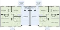 This duplex home plan features a pair of matching 2-bedroom units each giving you 852 sq. ft. of living space. Related Plan : For an alternate floor plan, see duplex home plan 60518ND .