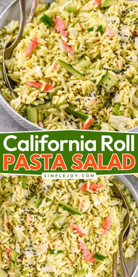 "If you love California Rolls but don’t have the first idea how to roll sushi, make this amazing California Roll Pasta Salad. This is so perfect for summer get-togethers. "