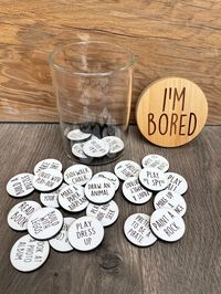 Are you used to hearing the phrase 'I'm bored' every minute of the day? Give your kids some direction with these boredom jar tokens. - 40 tokens included - Glass jar sealed with a bamboo lid - The lid and activity tokens are laser engraved CAUTION Product contains small parts that may be a choking hazard to small children. Recommended for children 3+