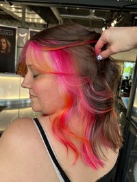 peekaboo vivid hair color, sunset hair, shag haircut, hair color inspo, hair inspo, hair color, fun hair color #vividhaircolor #haircolor #sunset #pinkhair #shag