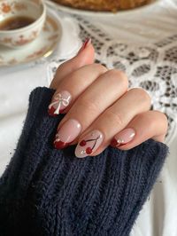 nail art, red, nail inspo, cherry, bow, french tip, glitter