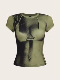 Army Green Casual Collar Short Sleeve Knitted Fabric Figure  Embellished Slight Stretch  Women Clothing