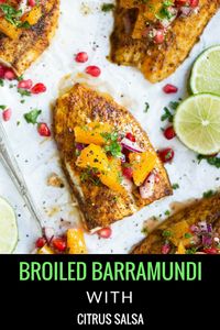 A fish recipe that’s for the books: broiled barramundi with citrus salsa is the perfect refreshing lunch or dinner recipe! The fish cooks in under 10 minutes and the salsa is so light and fresh, made up of fresh oranges, pomegranate seeds, lime juice and herbs. Absolutely delicious! #barramundi #citrus #salsa #fish #paleo #whole30