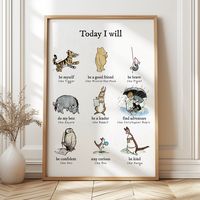 This Winnie-the-Pooh themed nursery poster includes nine positive affirmations and daily reminders so your little ones can learn about positivity and confidence. Each affirmation is paired with everyone's favourite Winnie-the-Pooh characters from the classic book Winnie-the-Pooh by A.A. Milne, illustrated by E.H. Shepard. Along with a special vintage-style font, each drawing was carefully re-drawn by hand and colored with watercolor effects to keep the charm and feel of the original artwork. The