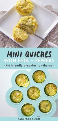 Quick and easy rainbow peppers and feta quiche is a toddler and kid friendly breakfast that can be re-heated in seconds for a healthy meal on-the-go! It's perfect for little hands, so if you're trying baby led weaning you'll want to try this easy breakfast recipe. These healthy mini quiches are kid friendly and mom approved! #breakfast #fingerfood #quiche #toddler #babyledweaning