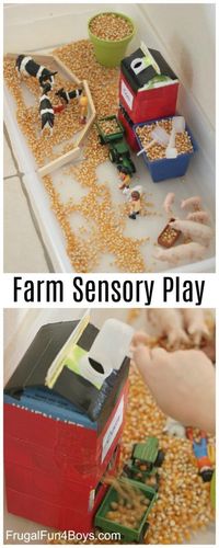 Farm sensory activity bin for toddlers and preschoolers with DIY corn silo