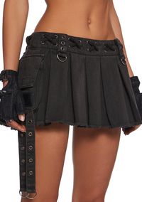 Darker Wavs Denim Twill Pleated Mini Skirt With Straps - Black – Dolls Kill