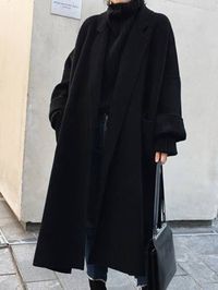 Black Patchwork Belt Oversize Long Sleeve Turndown Collar Fashion Coat