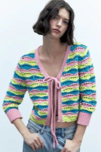 Pink Striped Crochet Hollow Out Cutout Knitted Long Sleeve Cardigan — Pucoca