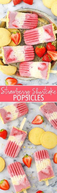 Strawberry Shortcake Popsicles - layers of delicious strawberry and milky vanilla filled with Walkers shortbread, its truly like eating strawberry shortcake in popsicle form