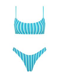 A scoop crop bikini top in blue stripe terry with matching high waist bottoms. Strappy crop top with adjustable shoulder straps and back clasp fastening. Choose from either a cheeky bottom or normal bottom for a little more coverage. This bikini also comes with a neoprene zip bag.Model is 5’10” / 178cm, bust 31” / 80cm