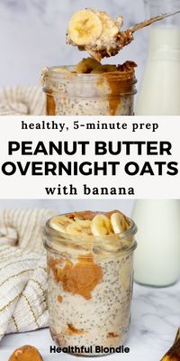 Peanut butter overnight oats with banana are a quick, healthy, and tasty breakfast option for busy mornings. Simply mix rolled oats, peanut butter, mashed banana, milk, and chia seed, then refrigerate overnight. These healthy meal prep oats are a refined sugar-free, gluten free breakfast that tastes like banana bread!