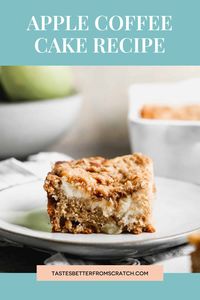 A delicious cinnamon Apple Coffee Cake with a surprise layer of cream cheese filling, and a simple streusel crumb topping. #coffeecake #applecoffeecake via @betrfromscratch