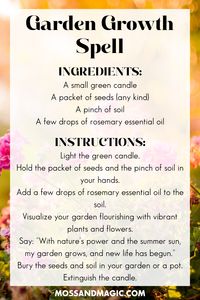 Encourage your garden to flourish with this simple growth spell, perfect for the summer season. By lighting a green candle and combining seeds, soil, and rosemary essential oil, you can infuse your garden with magical energy. This spell is ideal for gardeners looking to boost the growth and vitality of their plants. Watch your garden thrive and bloom beautifully, nurtured by the power of summer magic.